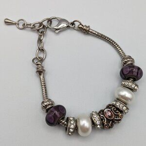 Bella Perlina Butterfly Purple Pearl Charm Bracelet, Adjustable